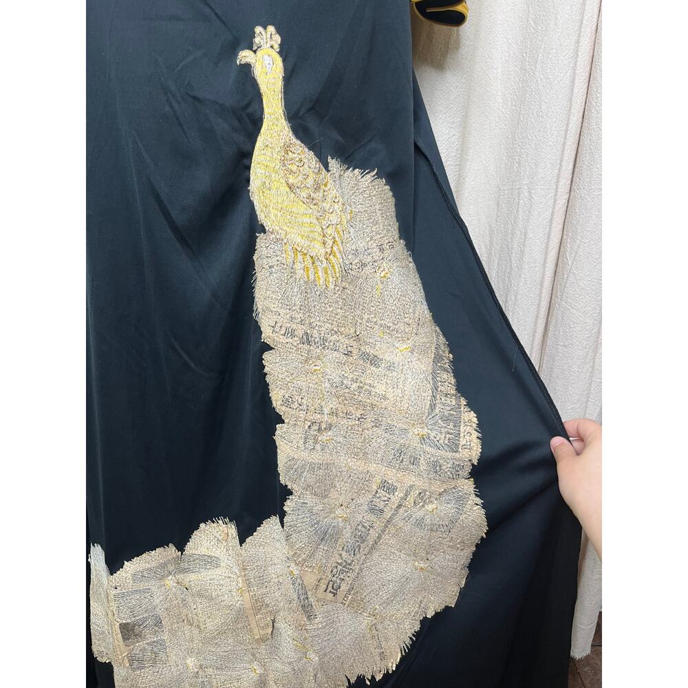 1960s Handmade Black Gold Thread Oriental Peacock Bird Mod Asian Maxi Dress M - Picture 13 of 14
